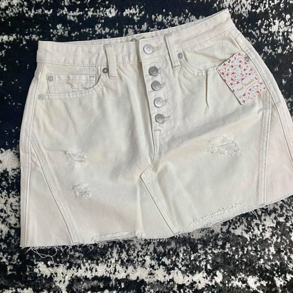 Free People Denim Frayed Hem Skirt